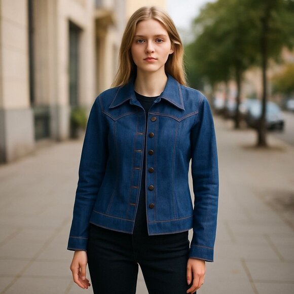 Vintage DenimWorks Womens Blue Denim Button-Up Jacket With Wide Collar & Contras - Picture 12 of 12